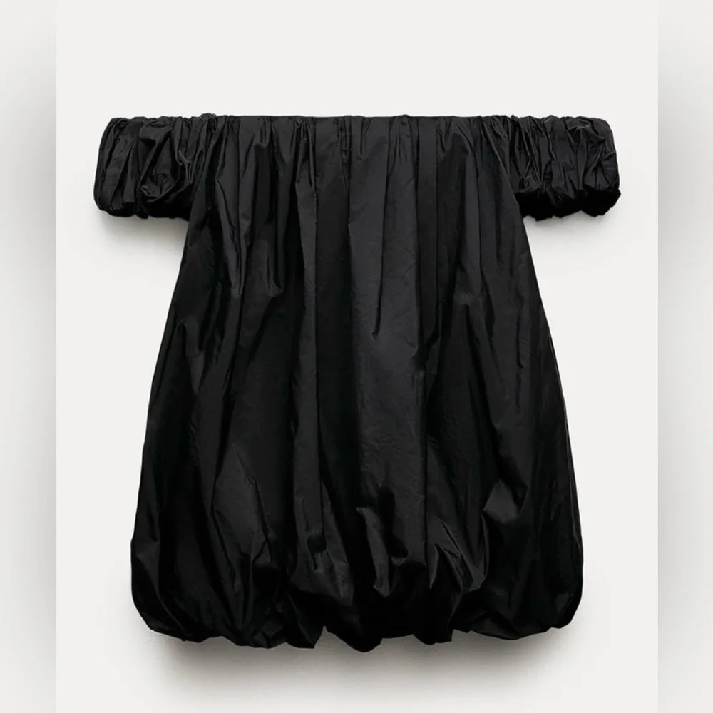 NWT ZARA Off Shoulder TAFFETA Black Mini Dress Balloon Dress Small With Lining - Picture 3 of 11